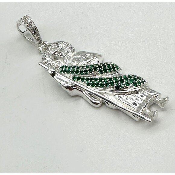 925 Sterling Silver Pendant Unisex St Jude San Judas Tadeo Green & White CZ Ston - Picture 4 of 6